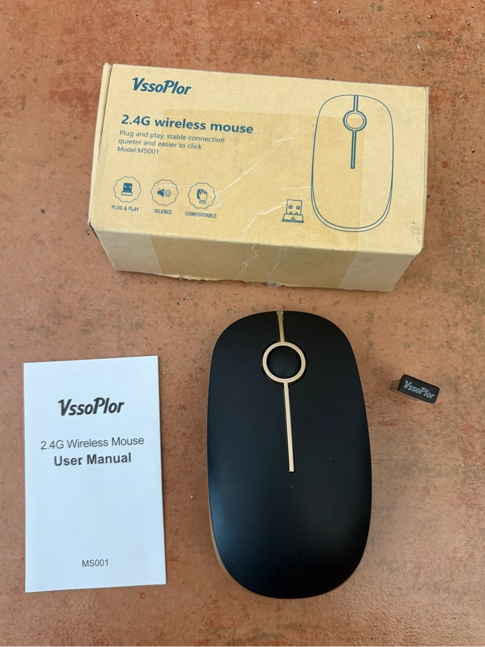 VssoPlor 2.4G Wireless Mouse - Black with Gold Accent